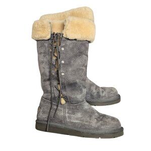 UGG Womens Gray Suede Shearling Boots Lace-Up Back Cozy Winter Style cottagecore